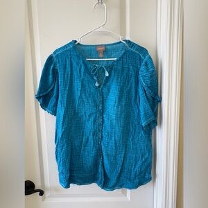 Chico’s Size Large Teal Crinkle Gauze Blouse Top Crochet Trim Boho